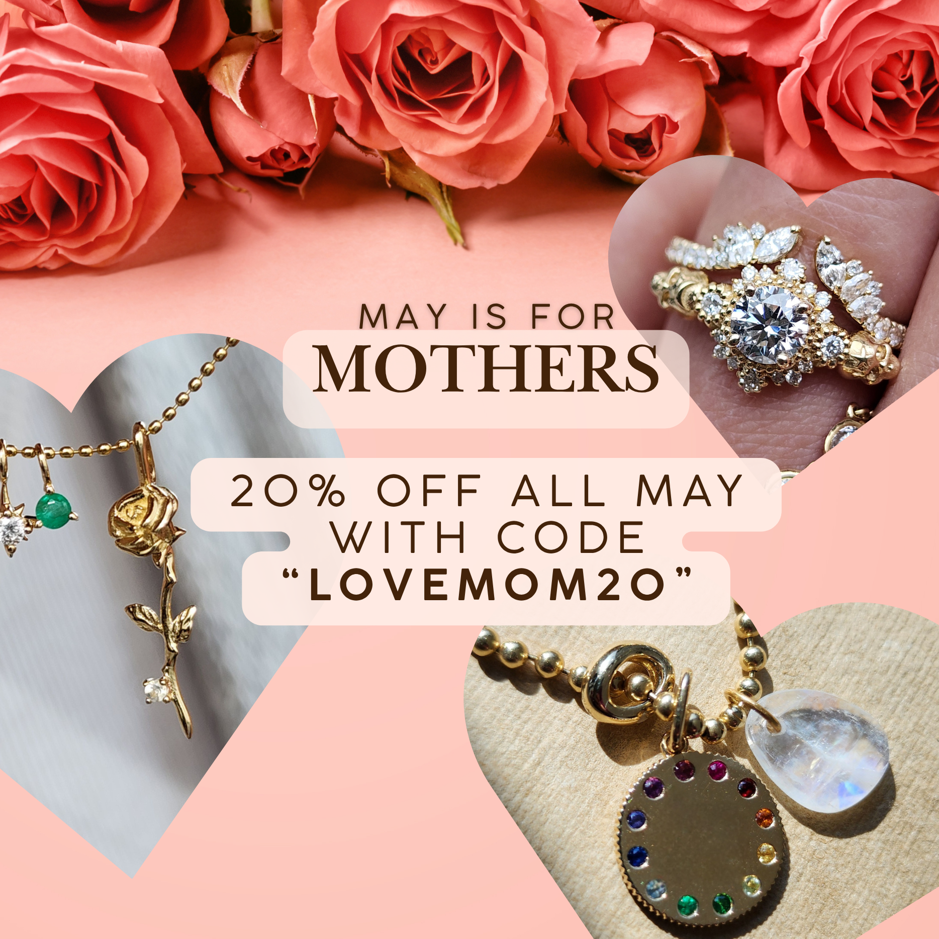 Jewelry with flowers and promotional text for Mother's Day sale on a pink background