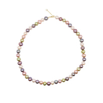A round pearl beaded necklace with a mix of pastel colors from white to pink to purple to green. 