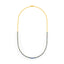 Gold necklace with blue beads on a white background