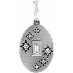 Silver pendant with star designs and a central rectangular gemstone on a white background