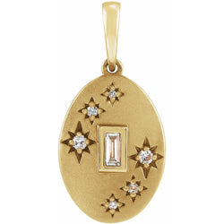 Gold pendant with star designs and a central gemstone on a white background
