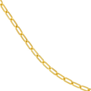 A yellow gold dainty rectangle paperclip link chain, great for everyday and fits most pendants with ease. It's open loop style, with two jump rings at the ends made for wearing with connectors or locks.