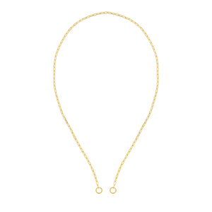 A yellow gold dainty rectangle paperclip link chain, great for everyday and fits most pendants with ease. It's open loop style, with two jump rings at the ends made for wearing with connectors or locks.