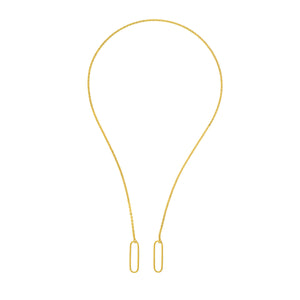 A gold cable chain with two elongated loops at both ends. Meant to be worn with a connector or lock clasp. 