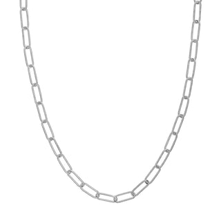 A silver paperclip chain with twisted paperclip links and a lobster clasp. 
