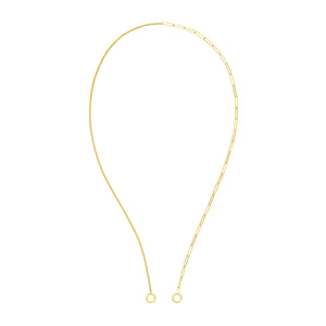 A gold chain featuring half paperclip and half rope chain. This chain has two open round loops at the ends meant to be worn with gold clasp or connector locks. 