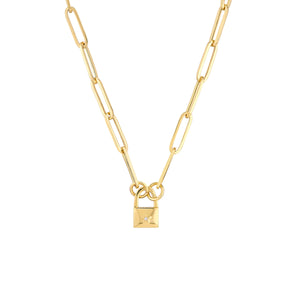 A 5mm gold Paperclip necklace chain, the perfect size, in yellow gold with small oval links. This chain has two round rings at the ends, meant to be paired with a connector or lock. Shown with padlock.