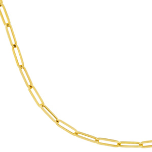 A 3.8mm gold paperclip necklace chain, the perfect size, in yellow gold with oval links. This chain has two open loops end the ends and is meant to be worn with connectors or locks. 