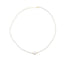 A beaded pearl necklace with oval shaped beads and gold accent finished with a center barrel shaped bead. 