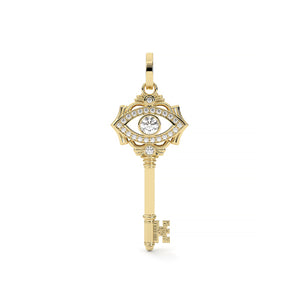 Gold key-shaped pendant with an eye design on a white background