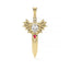Gold sword-shaped pendant with dragon wings and gemstones on a white background