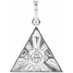 Silver triangle pendant with a central gemstone on a white background