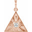 Rose gold triangle-shaped pendant with a central diamond on a white background