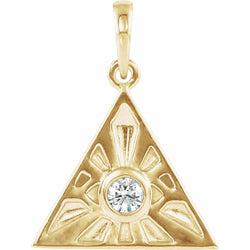 Gold triangle pendant with a central diamond on a white background