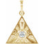 Gold triangle pendant with a central diamond on a white background
