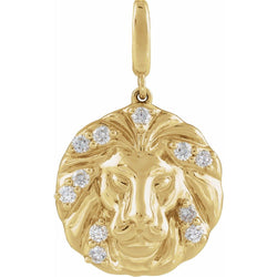 Gold lion head pendant with embedded diamonds on a white background