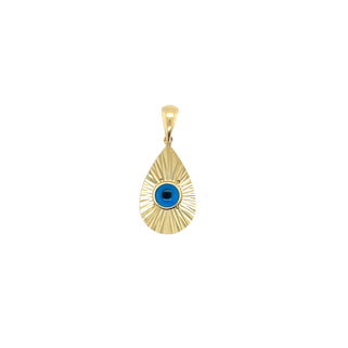 A tear drop shaped evil eye pendant with a round blue glass evil eye bezel set at the center. The rest is diamond cut into ray shape. 
