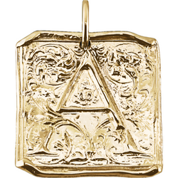 A square pendant with antique vintage wax seal press style letter fonts. This initial pendant looks like the wax seal was pressed into the gold. With a round bail. 