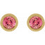 Gold earrings with pink gemstones on a white background