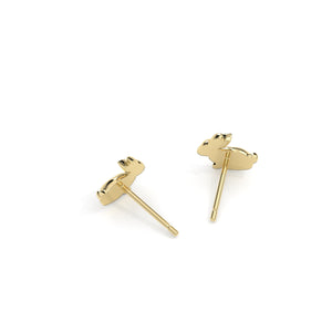A pair of gold stud earrings shaped like rabbits, shown from the side on a clean white background.