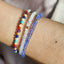 Close-up of a wrist wearing colorful beaded bracelets on a blurred background