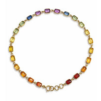 Multicolored gemstone necklace on a white background