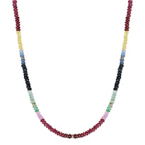 A necklace with multi-colored section of sapphires finished with solid yellow gold clasp.