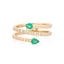A ring made to look like a coil. This ring gives the stacking look effortlessly. Accented with diamonds and pear shaped emeralds on the ends. 