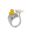 A silver lucky duck ring, the duck is set on a blue stone with a pearl cloud on the other end of the ring. 