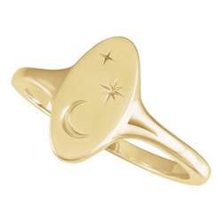 A elongated oval signet ring with a crescent moon and two stars carved on the face of the ring. 