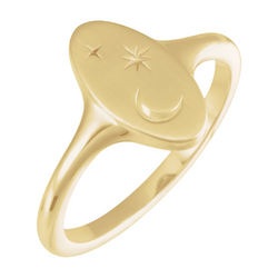 A elongated oval signet ring with a crescent moon and two stars carved on the face of the ring. 