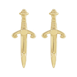 Gold sword-shaped earrings on a white background