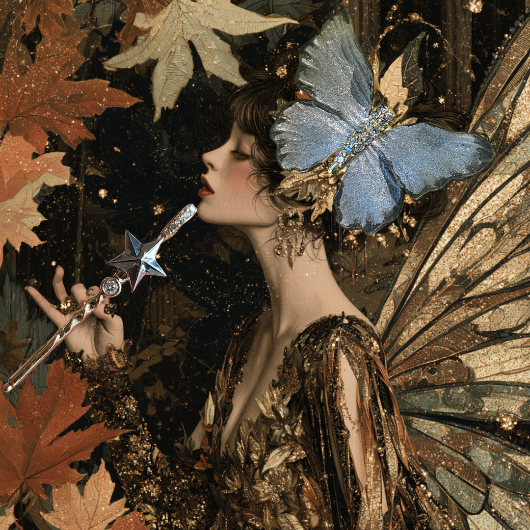 Fantasy art print of a fairy woman in profile with a large blue and gold butterfly on her head, holding a star wand, surrounded by autumn leaves and gold glitter.
