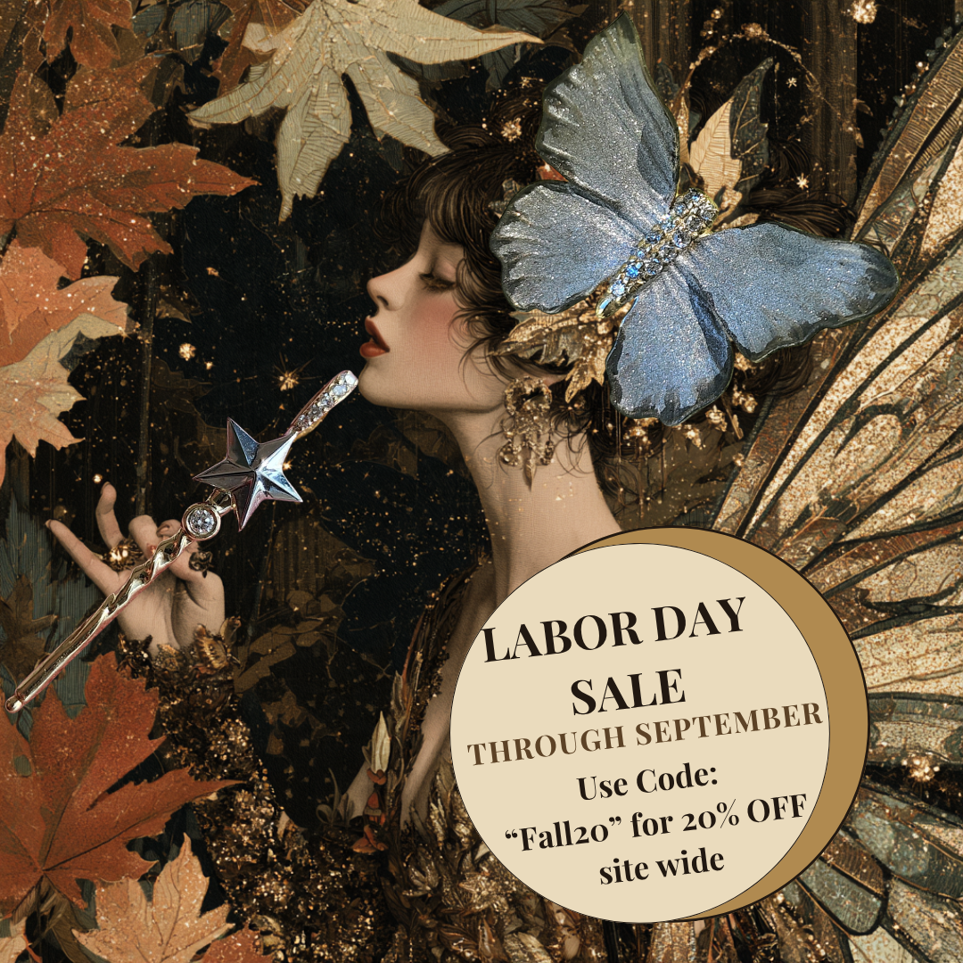 A promotional sale graphic with a woman in profile surrounded by autumn leaves, a large blue butterfly, and gold glitter textures. A beige circular badge reads 'LABOR DAY SALE THROUGH SEPTEMBER' with discount text, overlaid on the artwork.
