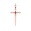 Rose gold dagger-shaped pendant with a red gemstone on a white background