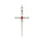 Silver sword-shaped pendant with a red gemstone on a white background