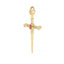 Gold sword-shaped pendant with a red gemstone on a white background