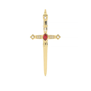 Gold dagger-shaped pendant with a red gemstone on a white background