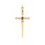 Gold dagger-shaped pendant with a red gemstone on a white background