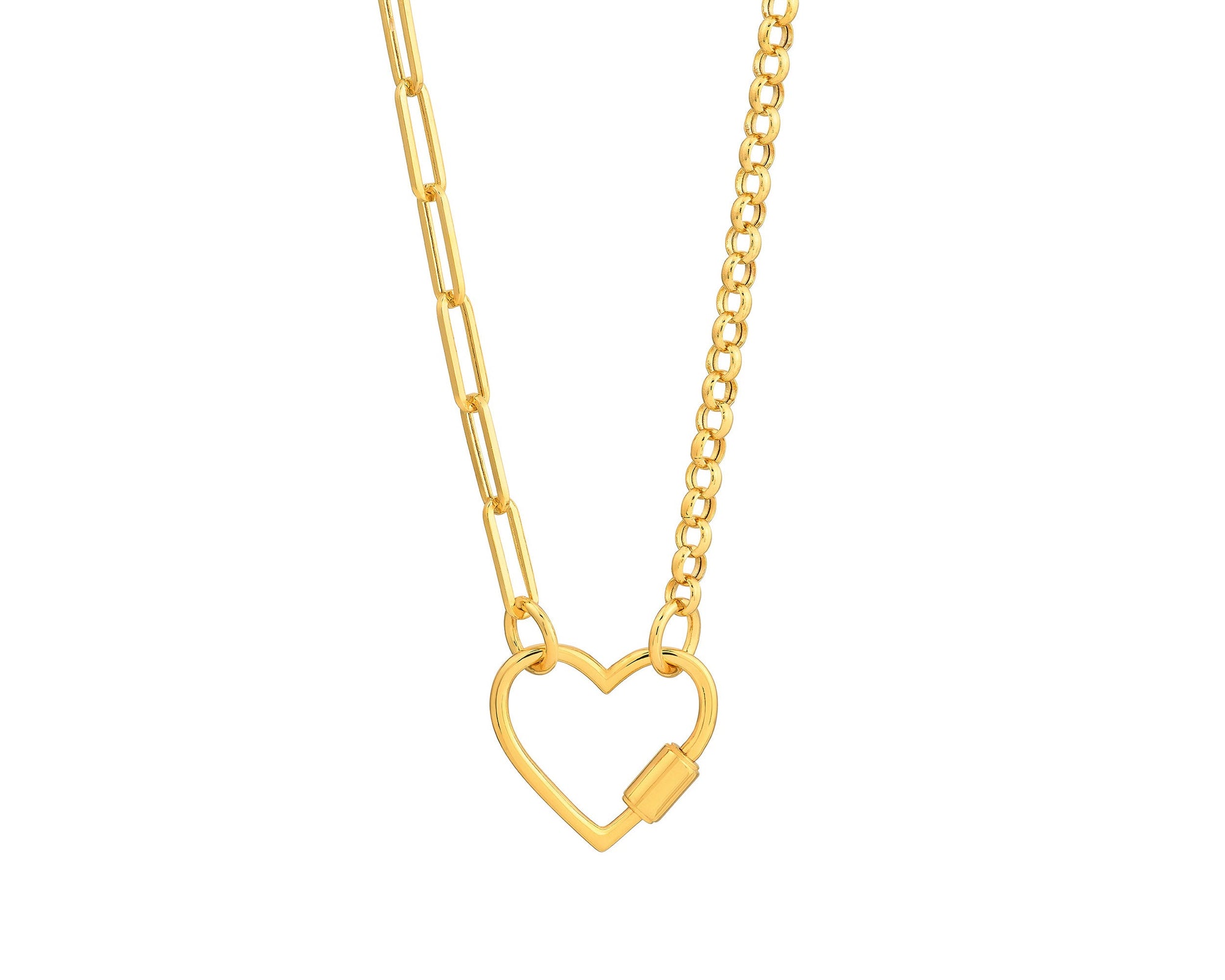 Gold heart-shaped pendant necklace on a white background