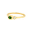 A green tsavorite gemstone with a round diamond bezel set on a gold band.