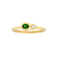 A green tsavorite gemstone with a round diamond bezel set on a gold band.