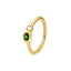 A green tsavorite gemstone with a round diamond bezel set on a gold band.