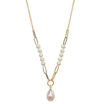 A gold paperclip chain with pearls and a pearl pendant drop.