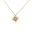 A yellow gold star burst set with diamonds and have gold points as well. A pendant hanging on a cable chain with a lobster clasp. 