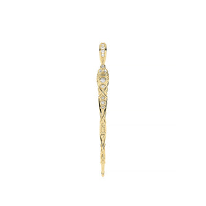 A gold pendant with intricate filigree and diamond-set detailing, shown vertically against a plain white background.