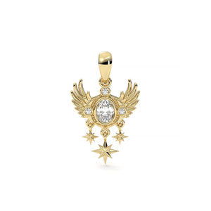 Gold pendant with wings and star design on a white background
