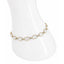 Gold bracelet with white stones on a mannequin hand against a white background
