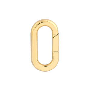 A solid gold oval carabiner snap connector. The connector has a smooth tube design. 