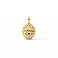 A small gold pendant with a textured, scale-like pattern and a loop at the top, centered on a plain white background.
